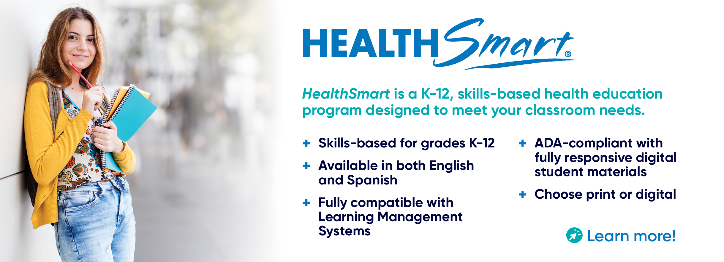 Lifestyle photo of a young person in school next to copy detailing HealthSmart curriculum