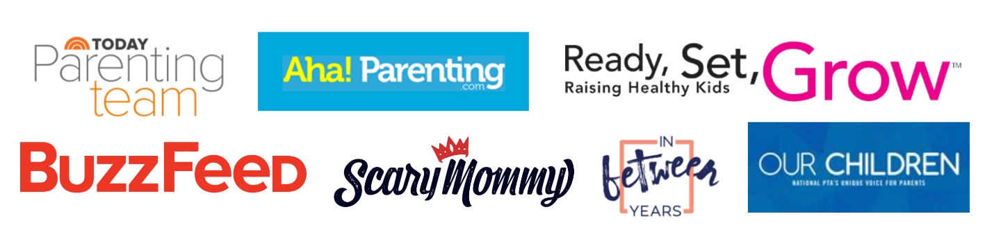 Logos of Today Parenting Team; Aha! Parenting.com; Ready, Set, Grow: Raising Healthy Kids; BuzzFeed; Scary Mommy; In Between Years; and Our Children: National PTA's Voice for Parents.