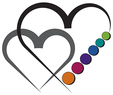 Logo of two hearts overlapping. The right side of the rightmost heart is made up of a spectrum of colored circles.