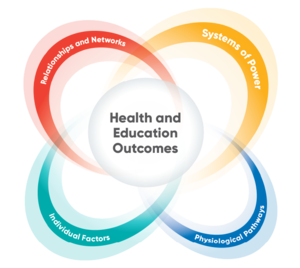 Diagram with a circle at the center that reads, 'Health and Education Outcomes.' It's surrounded by 4 differently colored arcs labeled, 'Relationships and Networks,' 'Systems of Power,' 'Individual Factors,' and 'Physiological Pathways.'
