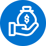 A hand holding a sack with a dollar sign on a blue circle background.
