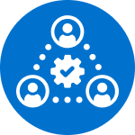 Three figures connected in a triangle by dotted lines around a cog with a checkmark, all on a blue circle background.