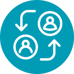 Two figures in bubbles with arrows pointing to each other in a cycle, all on a teal circle background.