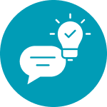 Text bubble and lit lightbulb on teal circle background.