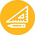 A triangle ruler and a pencil on a yellow circle background.