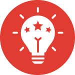 A lit lightbulb and stars on a red circle background.