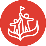 A short figure and a tall figure reaching together to hold up a flag, all on a red circle background.